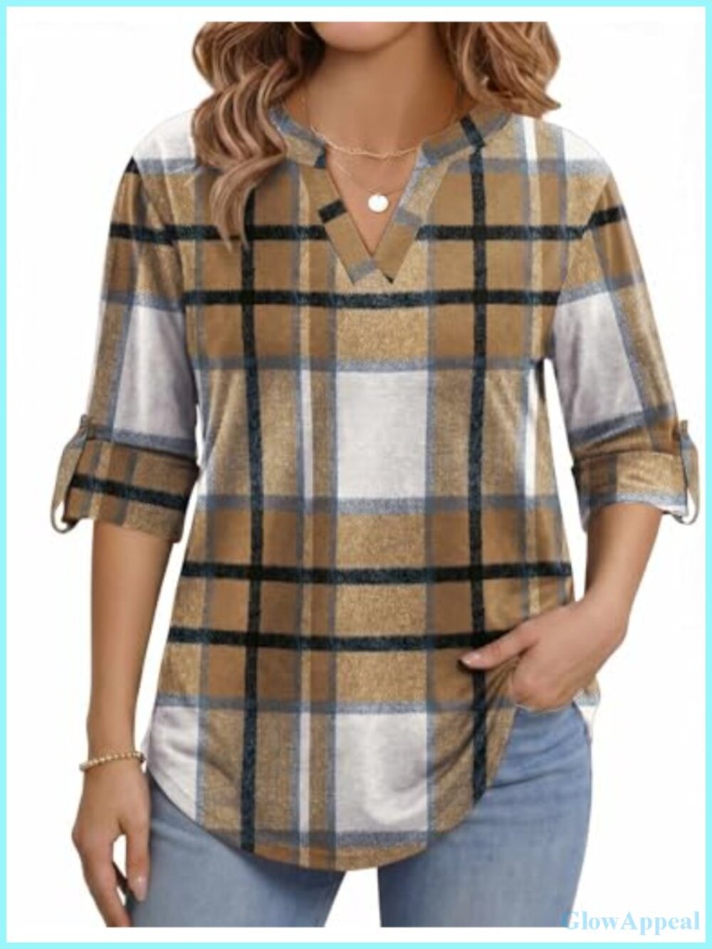 Womens Plus Size Long Sleeve V Neck Plaid Roll Up Tunic Top Blouse